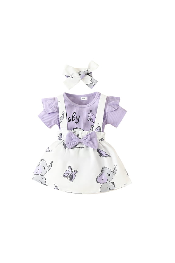 Baby Girl Elephant Print Short Fly Sleeve Romper +Suspender Skirts + Headband 3Pcs Set 3M 6M 9M 12M 18M