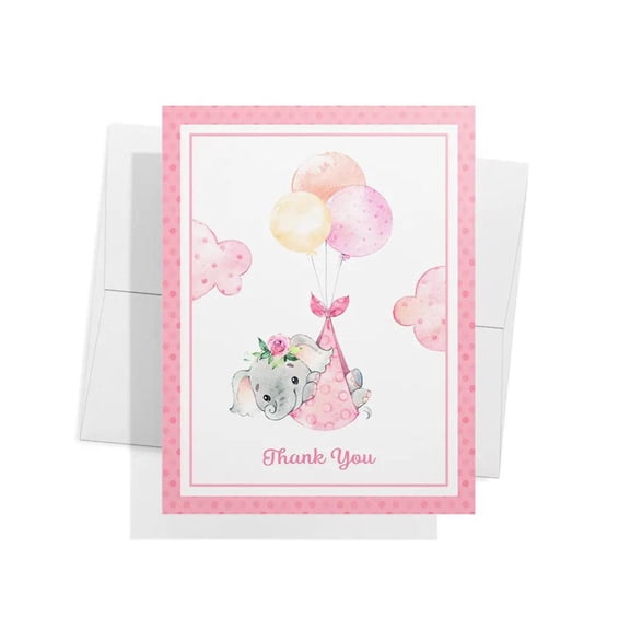 Twigs Paper Baby Girl Shower Thank You Cards, 12 Pink Elephant Note Cards