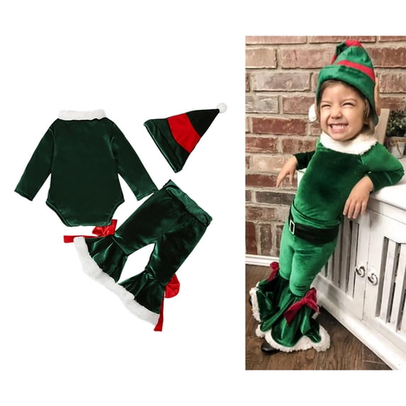 Baby Girl Elf Outfit Long Sleeve Romper Flare Pants with Hat Set Infant Christmas Outfits for Girls Party Dress Up 3-6 Months