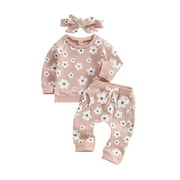LOLIUICCA Baby Girl Fall Clothes Set Infant Toddler Flower Print Long Sleeve Tops Pants and Bow Headband Outfits