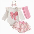 thumbnail image 1 of Baby Girl Fall Long Set Baby Girl Halloween Outfit Long Ruffle Sleeve Cute Letter little boo Print Romper & Ruffled Bloomers with Headband Socks 4-Piece Set, 1 of 6