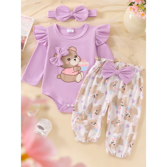 Baby Girl Fall Outfit, Bear Print Long Sleeve Romper Elastic Waist Pants Bow Headband 3 Piece Set