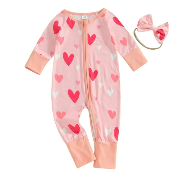 Baby Girl Fall Outfit, Long Sleeve Heart Print Jumpsuit with Bowknot Headband Baby Clothes for Valentine’s Day