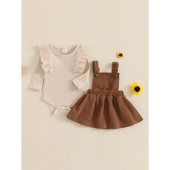 Baby Girl Fall Outfit Solid Ruffled Long Sleeve Crew Neck Romper with Corduroy Suspender Skirt 2 Pcs Set