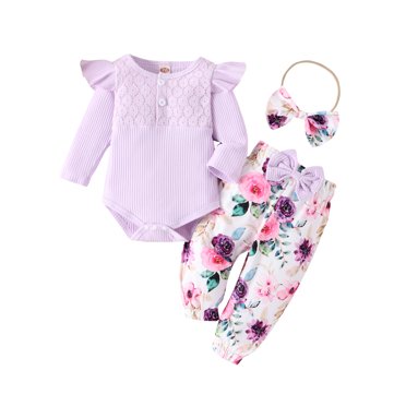 Baby Girls 3-Piece Rib Frill Long Sleeve Romper Set With Headband