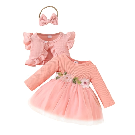 Baby Girl Fall Outfits Flower Embroidery Playwear Long Sleeve Tutu Dress + Fly Sleeve Cardigan + Bow Headband 3 Piece Set Newborn Infant Clothing for Toddler Girl
