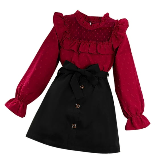 Baby Girl Fall Outfits Girls' Summer New Short Sleeved Doll Neck Cute Princess Dress Round Neck Princess Bow Skirt New Casual Matching Sets Red 9T