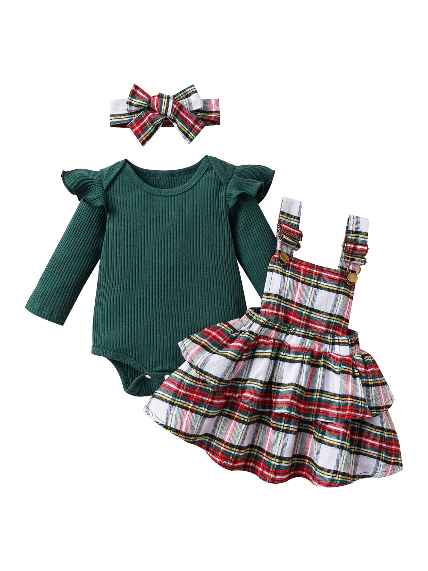 Baby Girl Fall Outfits Ribbed Long Sleeve Romper Plaid Shoulder Strap