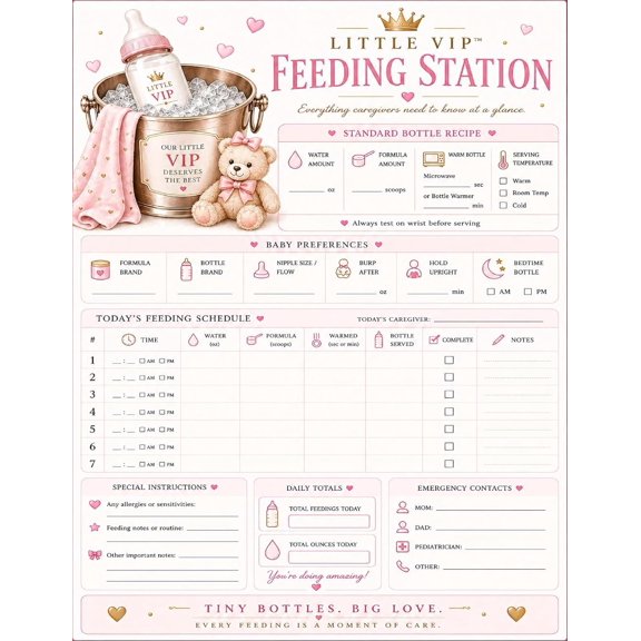 Baby Girl Feeding Tracker, Dry-Erase Bottle Log Chart, 11x8.5 Laminated | Track bottle feedings, formula prep, daily totals, caregiver notes and emergency contacts on one reusable chart
