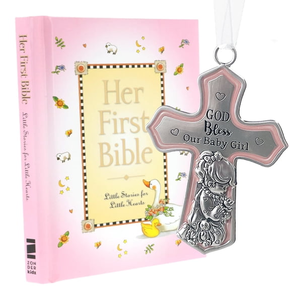 Baby Girl First Bible and Baptism Cross Set
