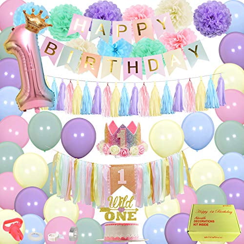 Baby Girl First Birthday Decorations with Princess Crown, 1st Birthday Party Supplies Kit, High Chair Banner, Cake Topper, Balloons Arch Kit and Pom Poms, Number 1 Foil Balloon, for Cake Smash Party