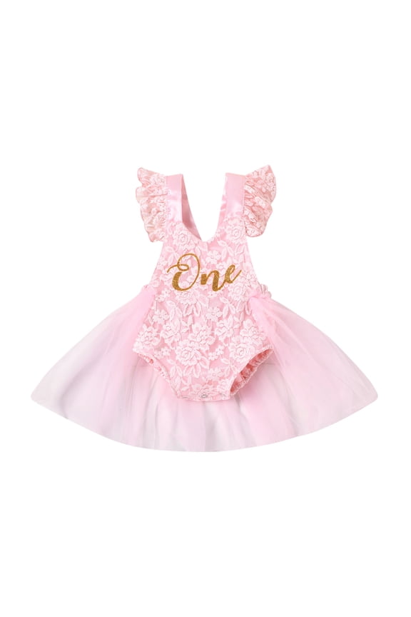 Baby Girl First Birthday Dress One Piece Sleeveless Ruffle Lace Open Back Birthday Romper Princess Dress Bodysuit