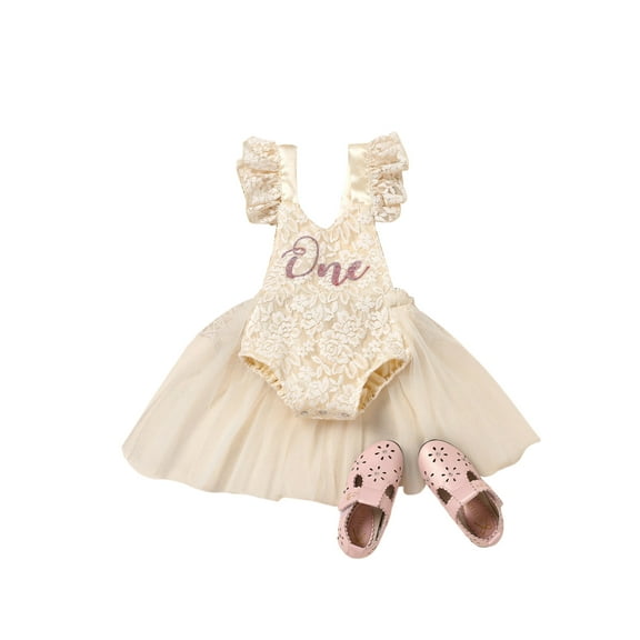 Baby Girl First Birthday Dress One Piece Sleeveless Ruffle Lace Open Back Birthday Romper Princess Dress Bodysuit