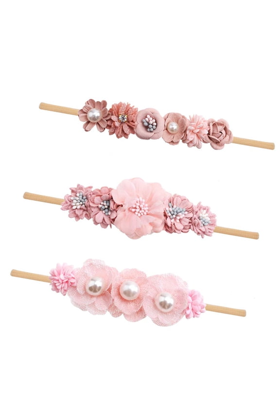 Baby Girl Floral Headbands- 3pcs Nylon Headband Handmade Flower Crown Elastic Hairband Newborn Toddler Hair Accessories Gifts for Girls