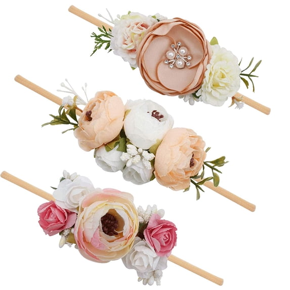 Baby Girl Floral Headbands- 3pcs Nylon Headband Handmade Flower Crown Elastic Hairband Newborn Toddler Hair Accessories Gifts for Girls