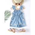 thumbnail image 1 of Baby Girl Floral Print Bow Front Ruffle Trim Denim Overall Romper, 1 of 5