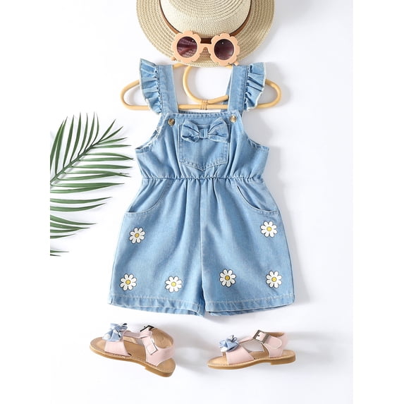 Baby Girl Floral Print Bow Front Ruffle Trim Denim Overall Romper