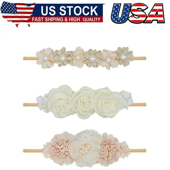 Baby Girl Flower Headbands Set, 3pcs Elastic Nylon Floral Hair Band, Bows Wrap