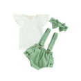 thumbnail image 1 of Baby Girl Fly Sleeve Ribbed Top + Suspender Shorts + Bow Headband 3 Piece Summer Casual Outfits Set, 1 of 9