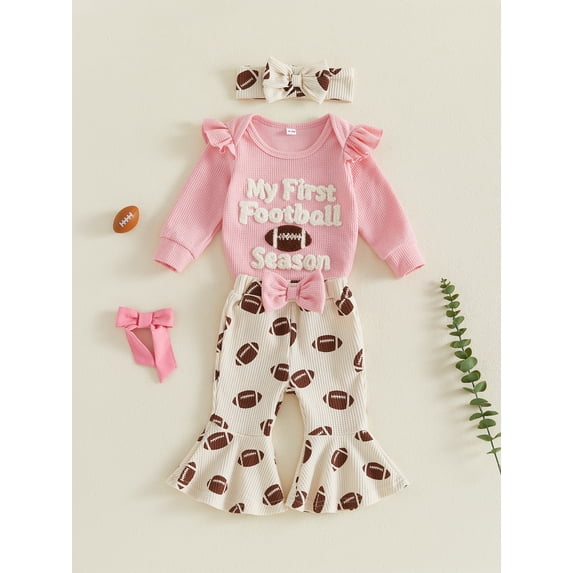 Baby Girl Football Outfit Long Sleeve Romper and Flared Pants Headband