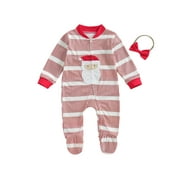 Baby Girl Footies Pajamas Christmas Outfits Rompers Stripe Santa Claus Pattern Newborn Bodysuits with Headband