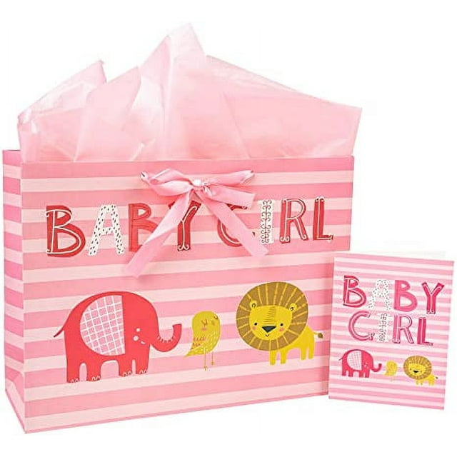 "Newborn Girl Baby' Shower Gift Bag Pink Animal Design, with