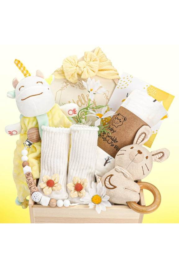 Baby Girl Gifts, for Girls,Newborn Essentials Baby Girl Basket,Wooden Baby Gift Basket Swaddle Blanket Rattle Toy Headband Bow Infant