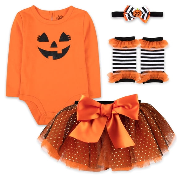 Baby Girl Halloween Outfit 4-Piece Pumpkin Set – Jack-O’-Lantern Bodysuit, Striped Pants, Tutu Skirt & Headband (3 months)