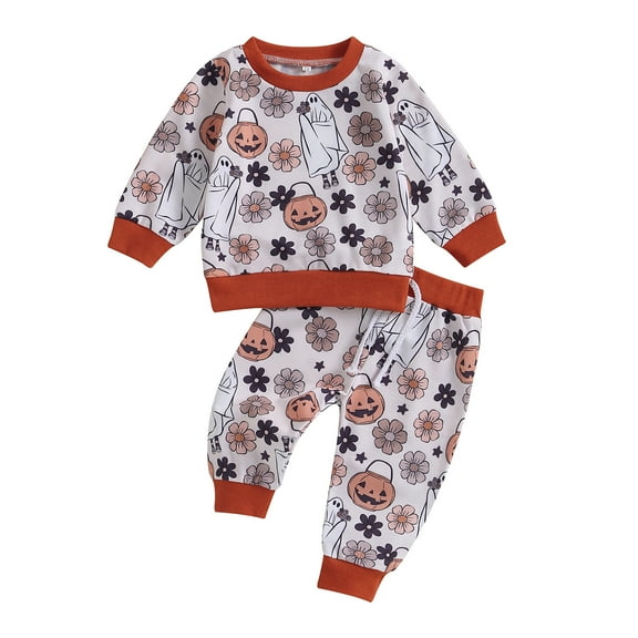 Baby Girl Halloween Outfit 6M 12M 18M 24M 3Y Long Sleeve Pumpkin Floral Sweatshirt Pants Set Newborn Infant Baby Fall Clothes