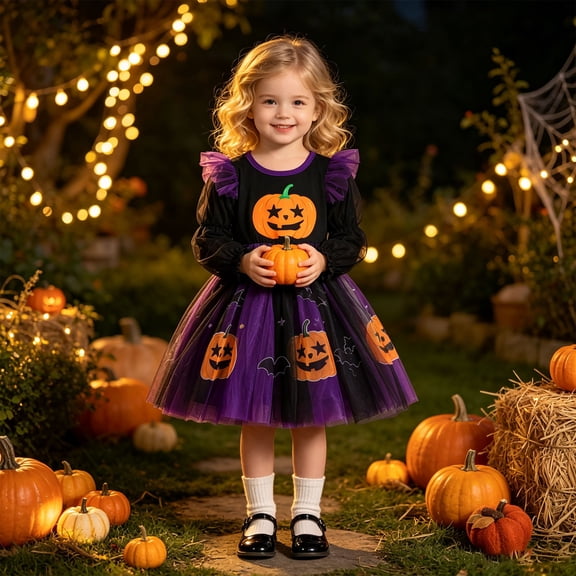 Baby Girl Halloween Outfit Halloween Princess Pumpkin Long Sleeve Pumpkin Print Tutu Mesh Dress for Party and Pretend Play Stylish Dresses for Girls