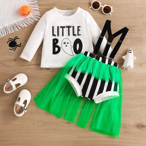 Baby Girl Halloween Outfit Long Sleeves Romper Top Suspender Tulle Skirt Set Halloween