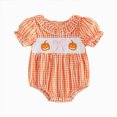 thumbnail image 1 of Baby Girl Halloween Outfit Newborn Pumpkin Smocked Bubble Romper | Halloween Baby Girl Outfit Pumpkin Bow Embroidery Somcked Bubble Romper Short Sleeve Bodysuit Infant Fall Winter Outfit, 1 of 4