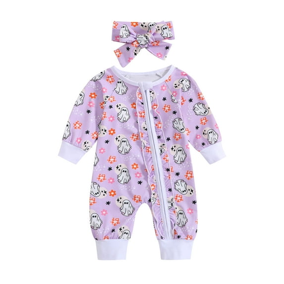 Baby Girl Halloween Outfit Pumpkin Romper Ruffle Long Sleeve Zip Up Jumpsuit Cute Halloween Baby Costume Newborn Fall Clothes