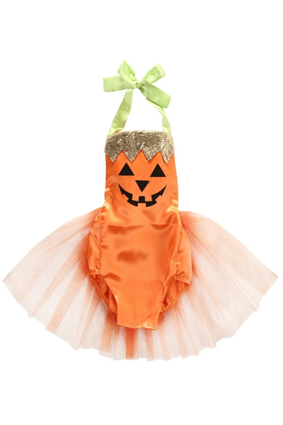 Baby Girl Halloween Pumpkin Costume Bodysuit Tutu Skirt (100/12-18 Months, Orange Pumpkin)