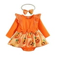 thumbnail image 1 of Baby Girl Halloween Striped Printed Lace Bow Romper Dress Hem Jumpsuit + Hairband Set,0-24M, 1 of 5