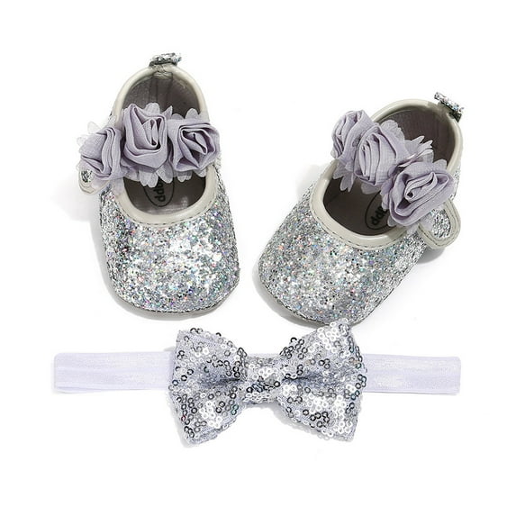 Baby Girl Headbands Sparkly Glitter Sequins Hair Bows Ribbon Soft Stretchy Hair Bands with Princess Shoes for Infant Newborn and Toddlers