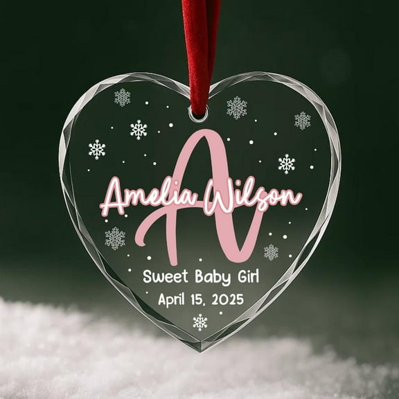 Baby Girl Heart Glass Ornament 2025 – Personalized Newborn Name & Birthdate, First Christmas