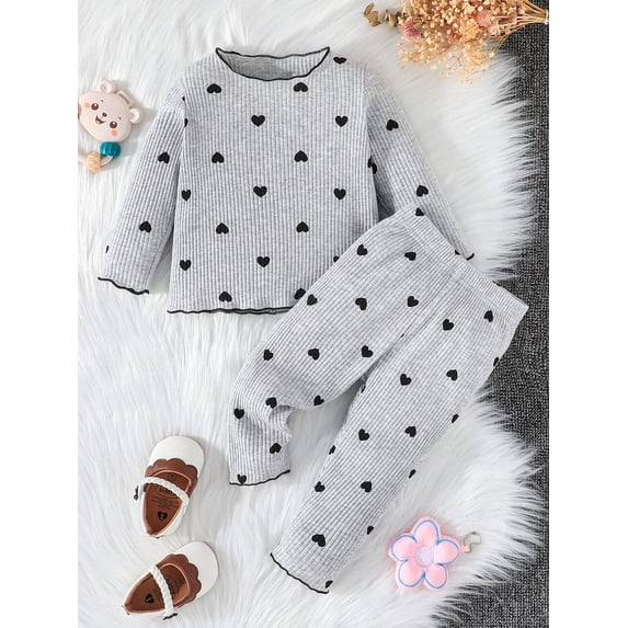 Baby Girl Heart Print Contrast Lettuce Binding Tee & Pants