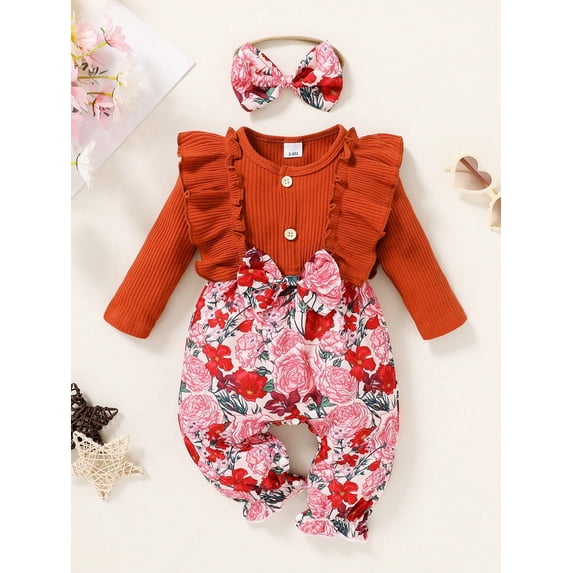 Baby Girl Heart Print Ruffle Trim Bow Front Jumpsuit & Headband