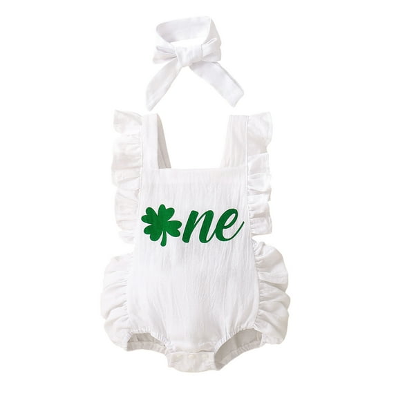 Baby Girl Irish Day Outfits Clover Print Ruffle Romper and Headband Cute Fashion Summer Clothes