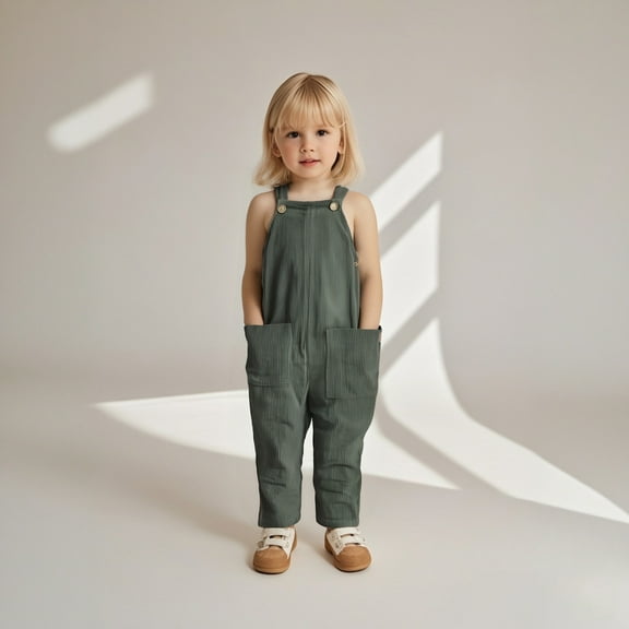 Baby Girl Jumpsuit Kids Casual Sleeveless Romper Girls Overalls with Pockets Green Jumpsuit Girls Clothing Size 6-12 Months