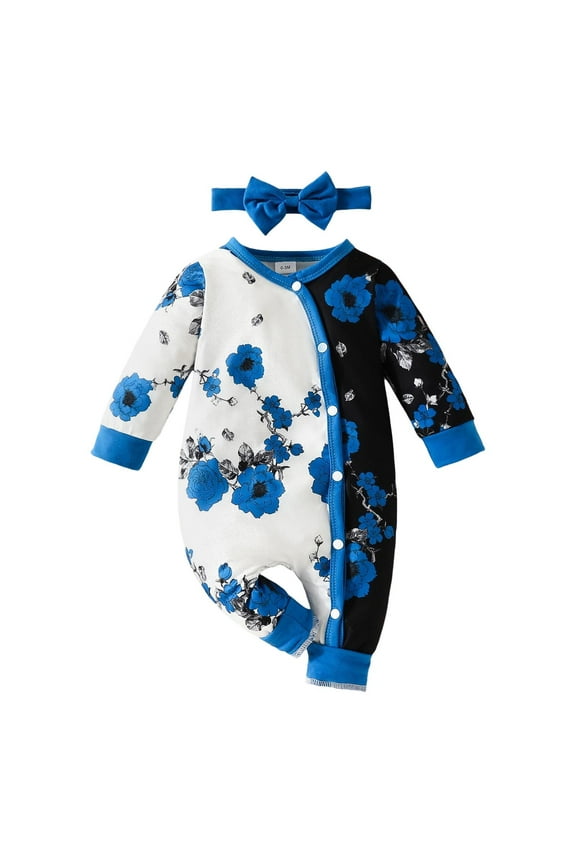 Baby Girl Jumpsuits for Winter Girls Long Sleeve Floral Prints Pullover Romper Jumpsuit Clothes Blue 9 Months-12 Months