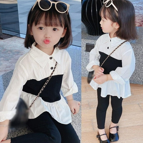 Baby Girl Kids Blouses Long Sleeves Lapel Collar Shirt Top 2-3 Years