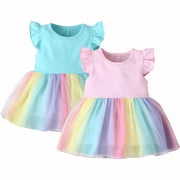 MAXCOZY Baby Girl Kids Flutter Sleeve Tulle Tutu Dress Summer Princess Rainbow Mesh Dresses