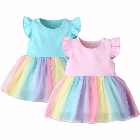 Baby Girl Kids Flutter Sleeve Tulle Tutu Dress Summer Princess Rainbow Mesh Dresses