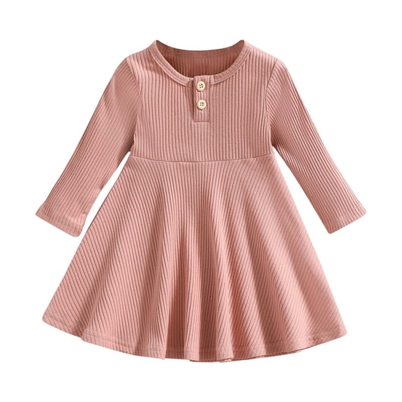 Baby Girl Knit Dress 12-18 Months Long Sleeve Button A-Line Fall Casual Sweater Dresses Cotton Infant Girls Outfits Pink 12-18 Months