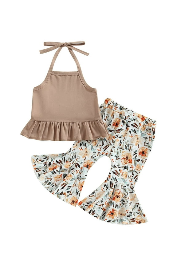 Baby Girl Knit Halter Romper Bell Bottoms Pant Outfit Cotton Apricot (18-24M)