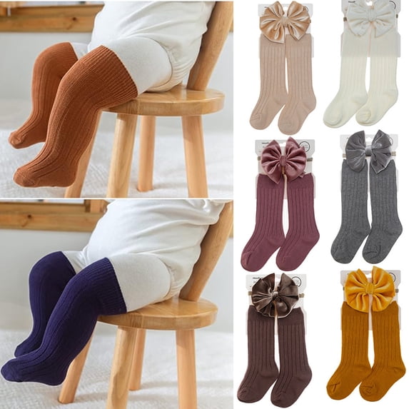 Baby Girl Knit High Sock Knee Long Socks with Bowknot Headband for Newborn Infants Toddler