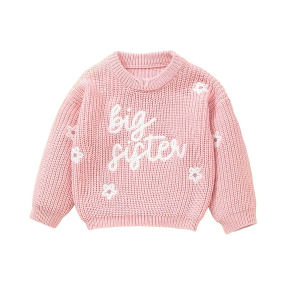 Baby Girl Knit Sweater Crew Neck Big Sister Letter Flower Embroidery Fresh Versatile Sweater Pink 3 M-6 M
