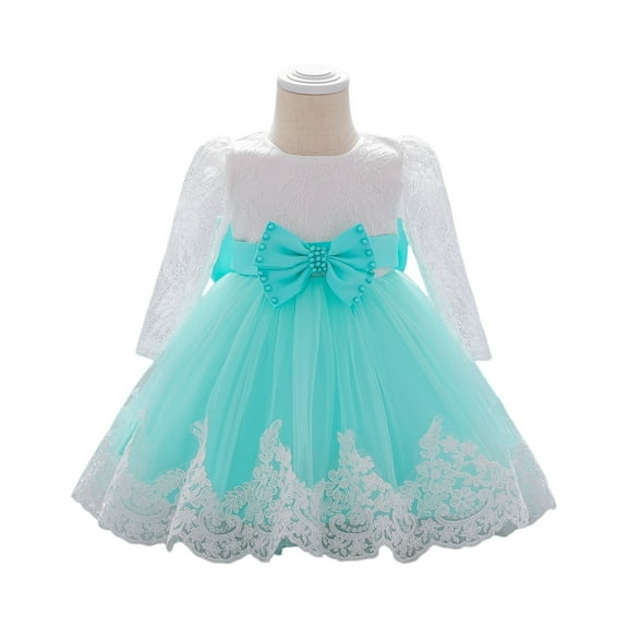 Baby Girl Lace Dress Long Sleeve Tulle Skirt Elegant Infant Party Gown with Bow for Birthday Wedding Christening
